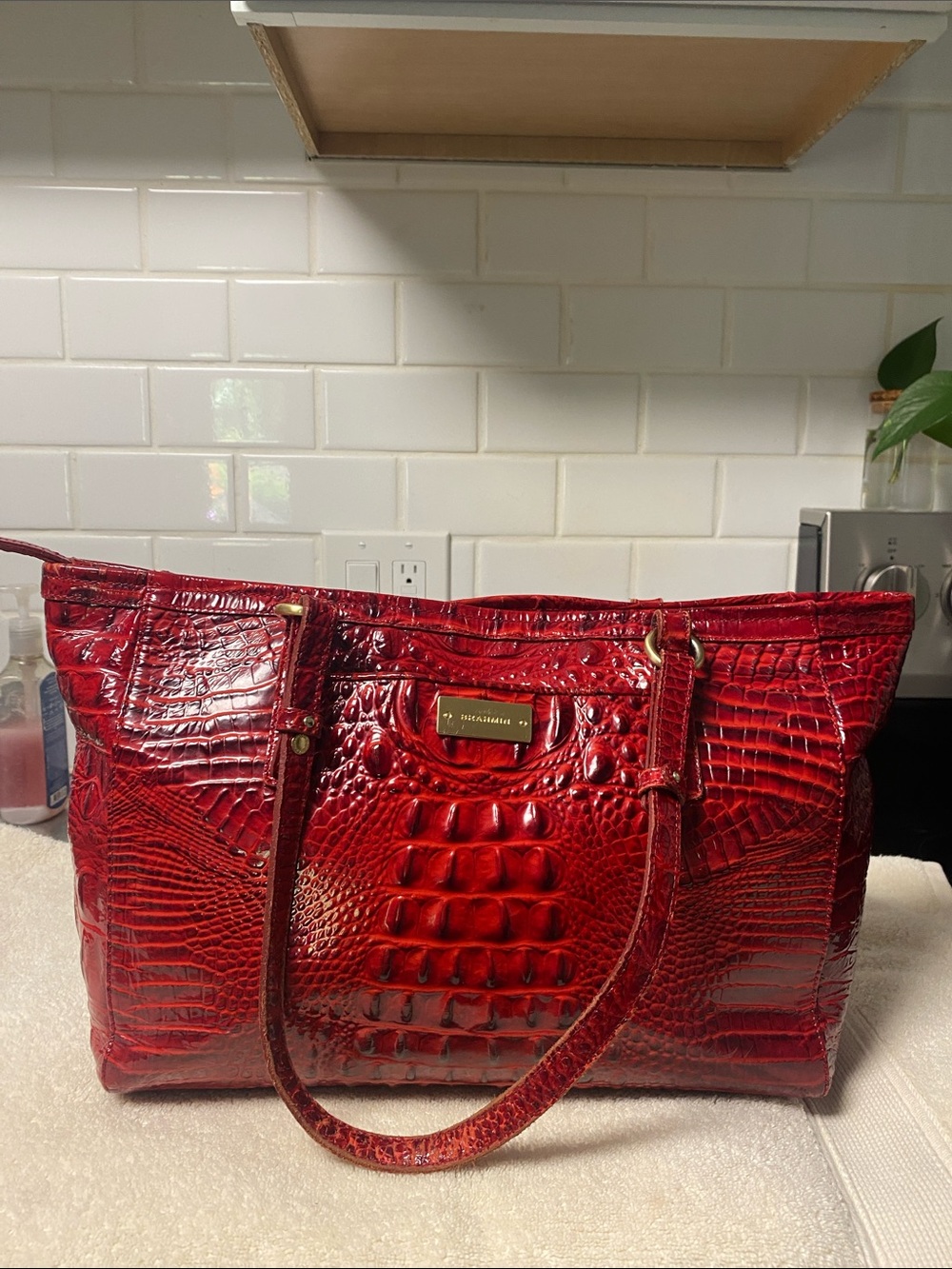 Brahmin Red Croc-Embossed Tote with Gold Hardware